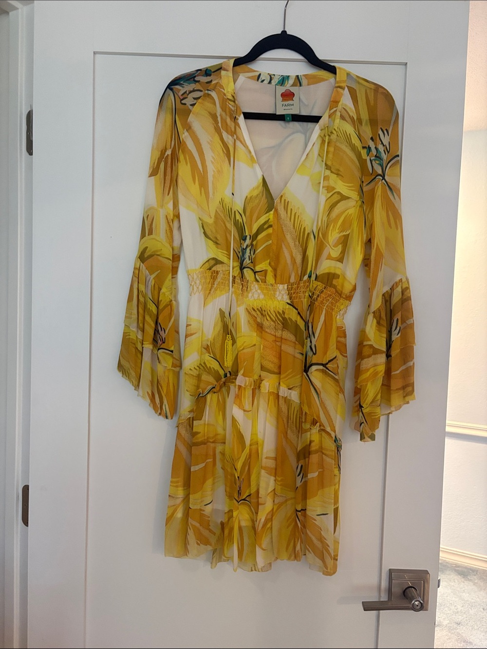 FARM Rio Yellow Floral V-Neck Tiered Mini Dress SZ S